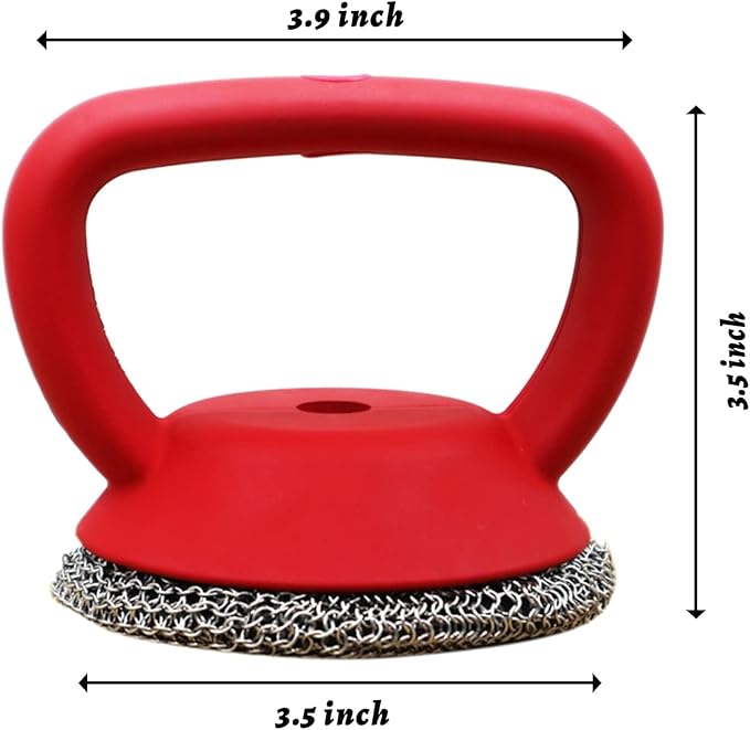 MEIXINZHI Cast Iron Cleaner, Chain Mail Scrubber & Pan Grill Scrapers - 2 in 1 Cast Iron Skillet Cleaner (red, Without mat)