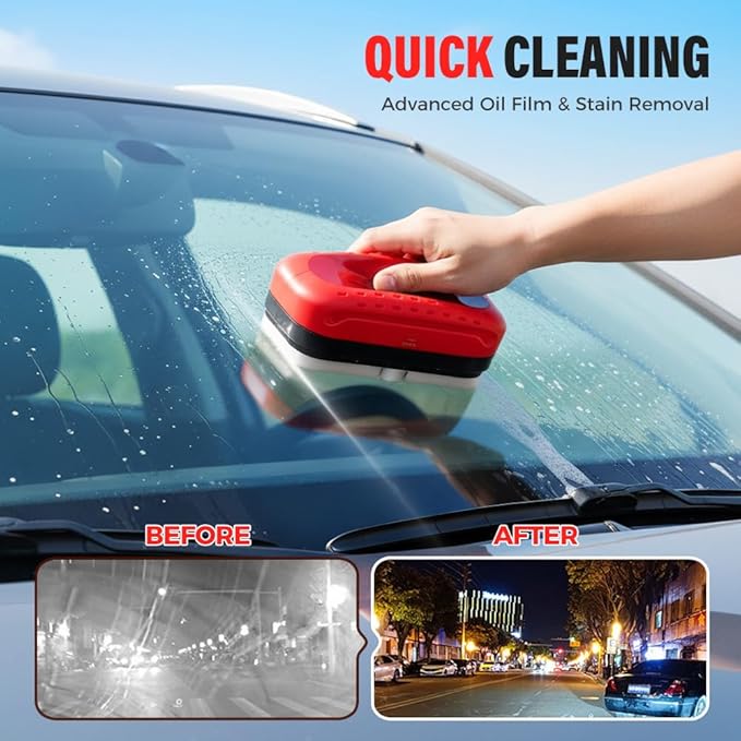 Automotive Oil Film Cleaning Brush,Antifog & Rainproof Glass Cleaning Board for Car Windows,Car Glass Oil Film Remover with Refill,windshield cleaner tool For Improves Clarity (1)