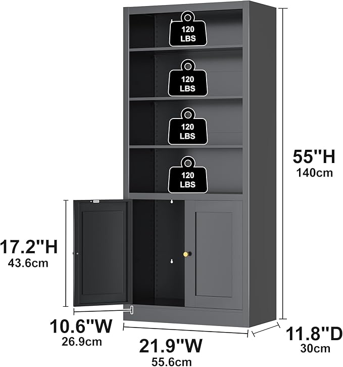 Bookshelf with Doors and Adjustable Shelves, 55" Tall Metal 5-Tier Bookcase, Freestanding Bookshelf for Living Room, Home Office, Kitchen Pantry Organizer Rack (Black)