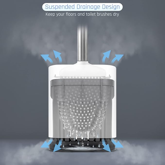 Sellemer Toilet Brush and Holder Set for Bathroom, Flexible Toilet Bowl Brush Head with Silicone Bristles, Compact Size for Storage and Organization, Ventilation Slots Base (2 Pack, White)