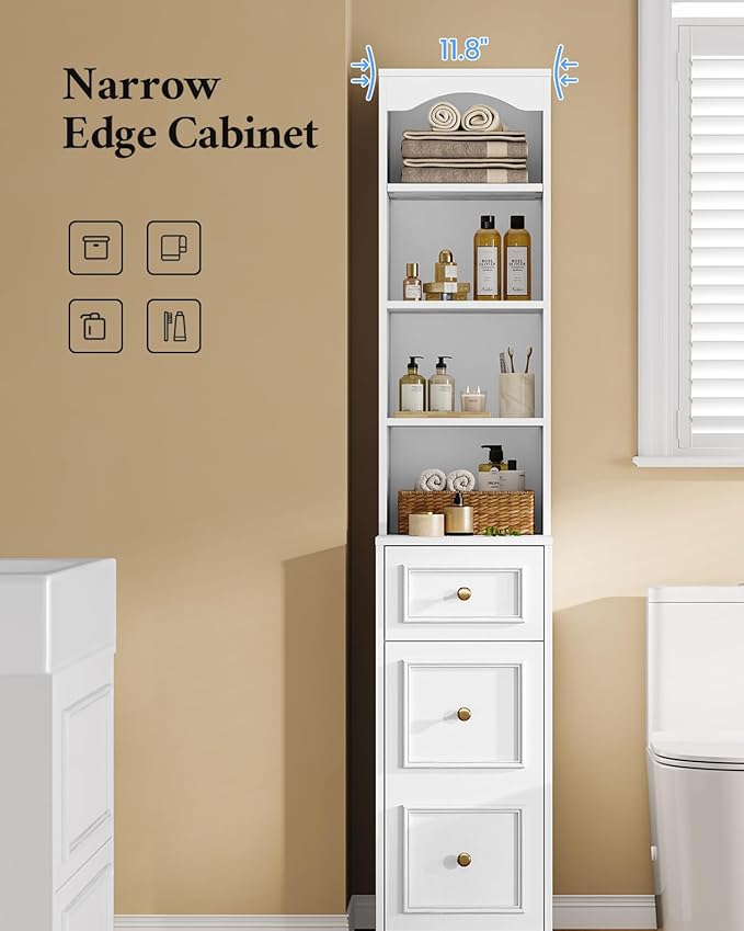 67" Tall Bathroom Storage Cabinet with 4 Open Shelves, Drawer & Cabinet, L-Shaped Narrow Bathroom Storage Cabinet with Adjustable Shelf, Bathroom Storage Cabinet for Bathroom, Living Room, White