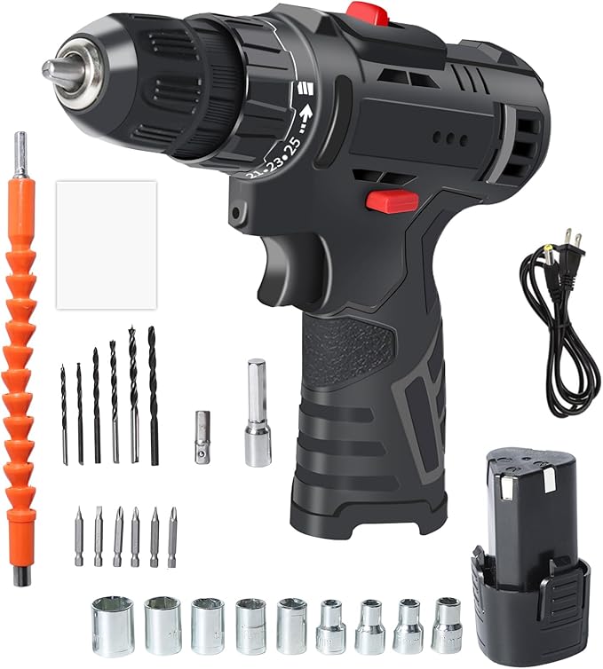 Jadeshay 12V Cordless Electric Drill, Rechargeable Lithium Drill with 3 Batteries, 25 Torque Settings, LED Light, 450W Power Tool Kit for Home & DIY, Includes 24-Piece Accessories