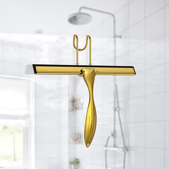 Shower Squeegee Set, 10-Inch Stainless Steel Squeegee for Bathroom, Shower Doors, Mirrors, Tiles, Car Windows - 100% Streak Free, Includes Shower Door Hook, Adhesive Hook and Spare Silicone Blade
