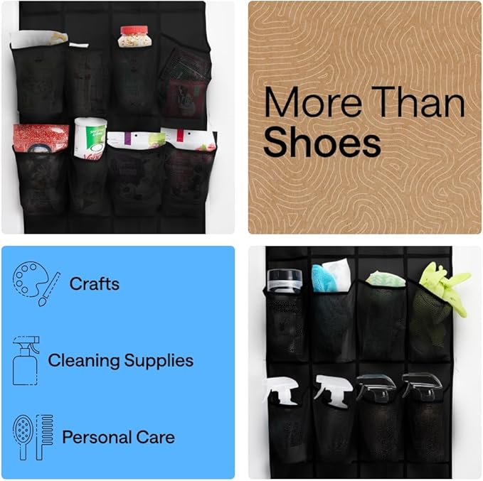GORILLA GRIP Over the Door Shoe Organizer, 2 Pack, 24 Breathable Mesh Pockets, Space Saving Hanging Storage Holder, Closet Rack Hanger Holds Up to 40 lbs, Hangs on Closets, Shoes, Accessories, Black