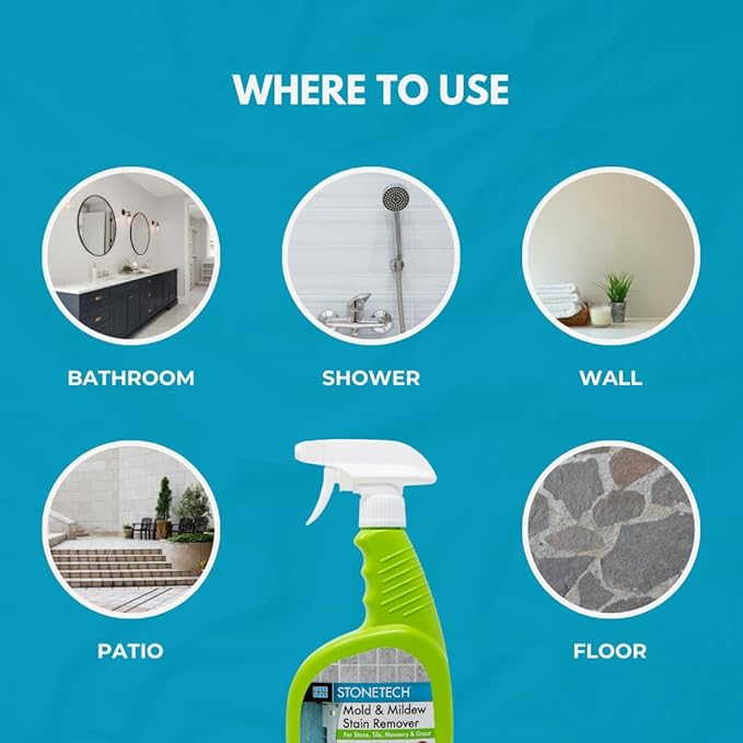 StoneTech Mold and Mildew Stain Remover Cleaning Kit | Kitchen, Patio, Shower, and Bathroom Cleaner for Natural Stone, Tile, and Grout, 2-Pack 24-Ounce Spray with Microfibers and Crevice Brushes