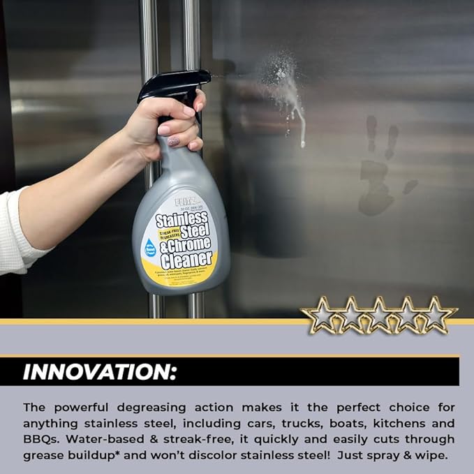 FLITZ Stainless Steel & Chrome Clean - 32oz Bottle, USA-Made Stainless Steel Cleaner Spray for Appliances - Grill, Fridge, Sink Stain Remover - Also Works on Aluminum Surfaces (1 Pack)