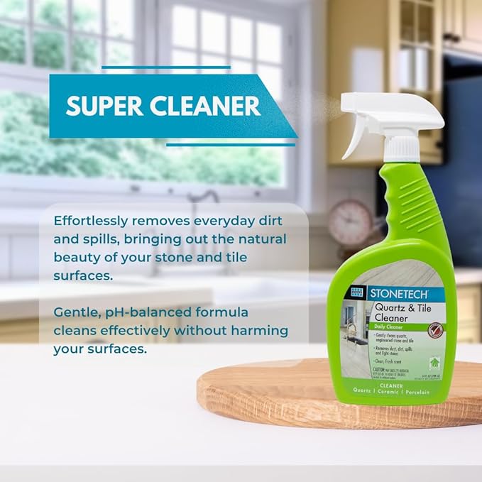 StoneTech Quartz & Tile Cleaner Spray – Quartz Countertop Cleaner for Engineered Stone, Ceramic & Porcelain – Removes Dirt & Spills – 2-Pack, 24oz Each + 2 Microfiber Cloths Fresh Scent