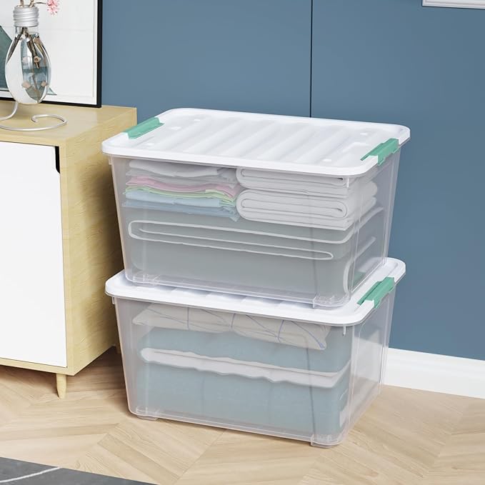 4-Pack Clear Plastic Storage Box with Wheels, 85 Quart Large Plastic Storage Bins with Latch Lids