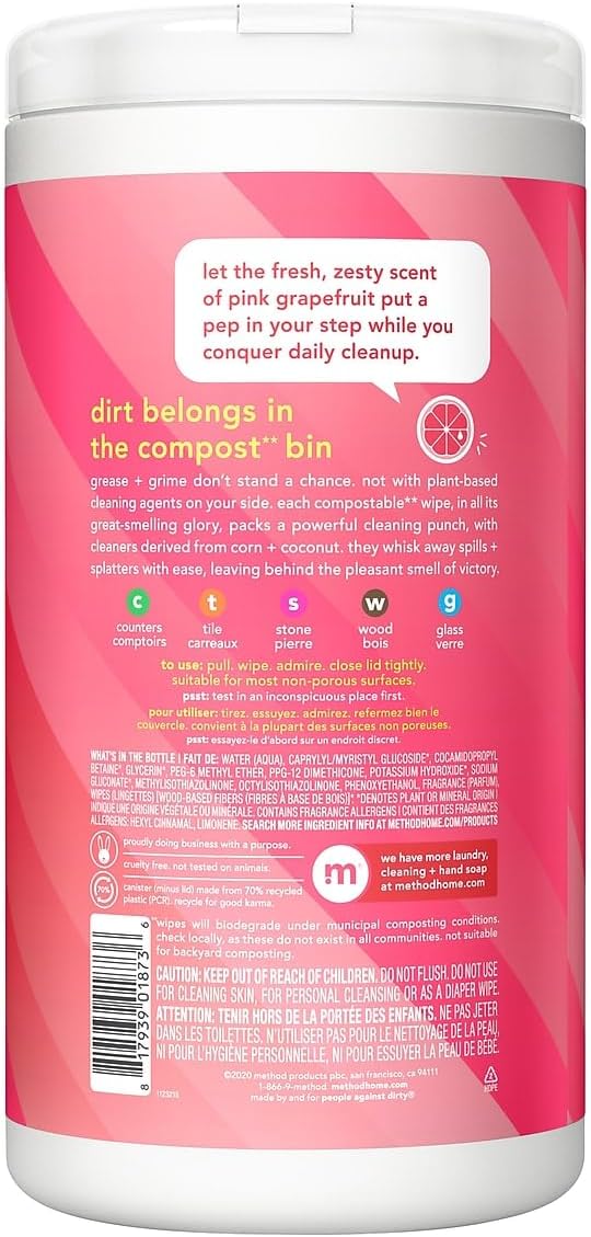 Method All-Purpose Cleaning Wipes, Pink Grapefruit, Multi-Surface, Compostable, 70 Count (Pack of 1)