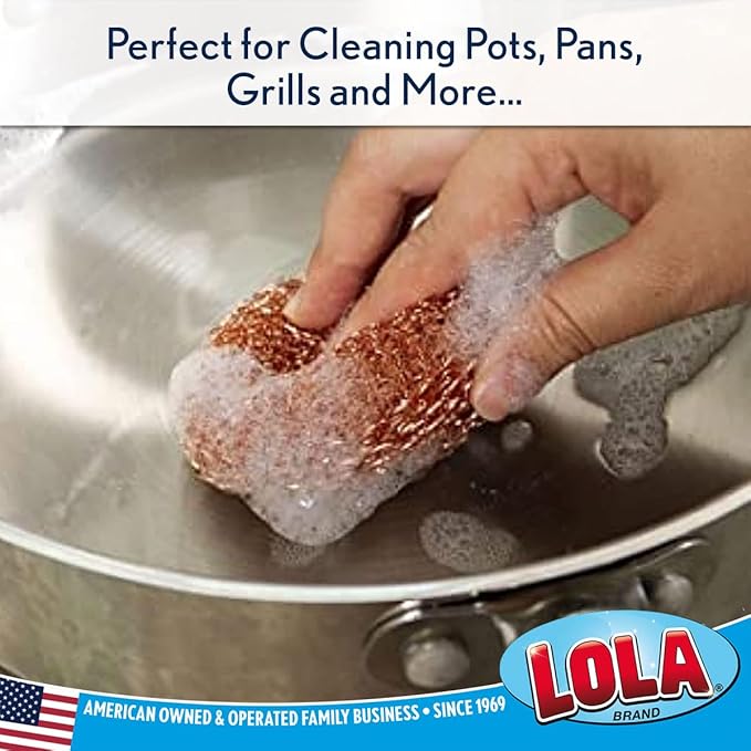 LOLA Copper Mesh Scouring Pad, 144 Pack, 45 Grams, 4" Heavy Duty Cleaning Pads, Copper Coated Knitted Wire Mesh, Recyclable, Cleans Baked On Messes