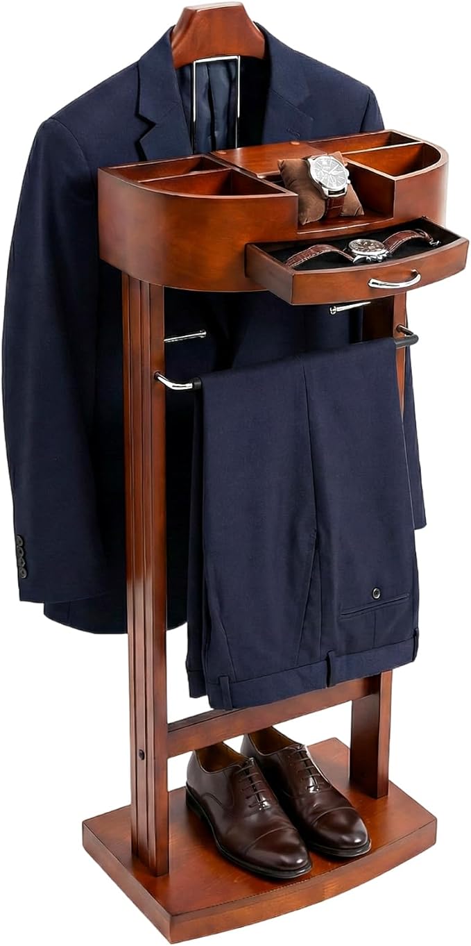 Wood Suit Rack, Freestanding Clothing Valet Stand Valet Stand Suit Racks Freestanding Wood Clothing Valets Stand Rack Organizer Clothes Butler for Bedroom Entryway Home Living Room Office