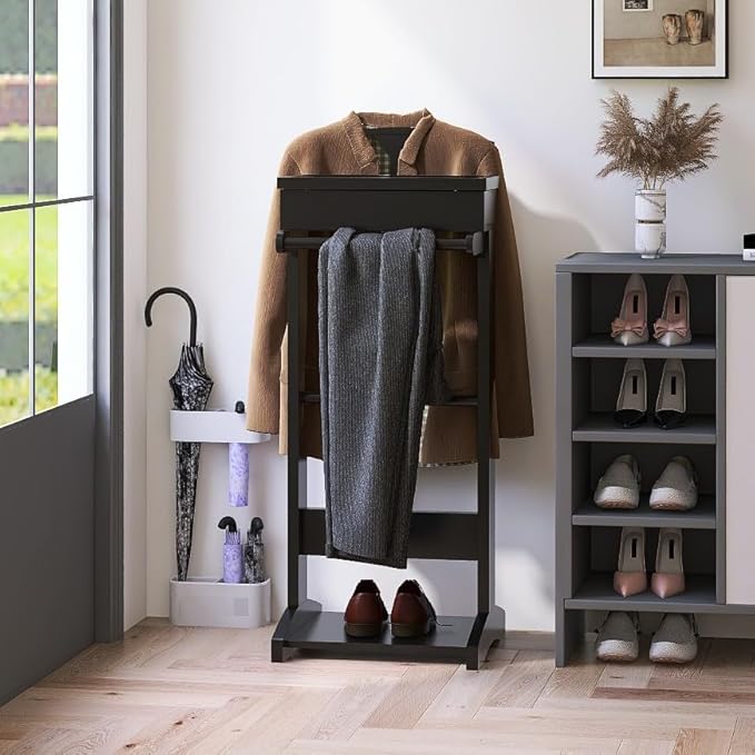 Mens Valet Stand with Top Tray Organizer, Shoe Shelf and Suit Rack, Wooden Clothes Valet Stand for Bedroom Entryway (Black)