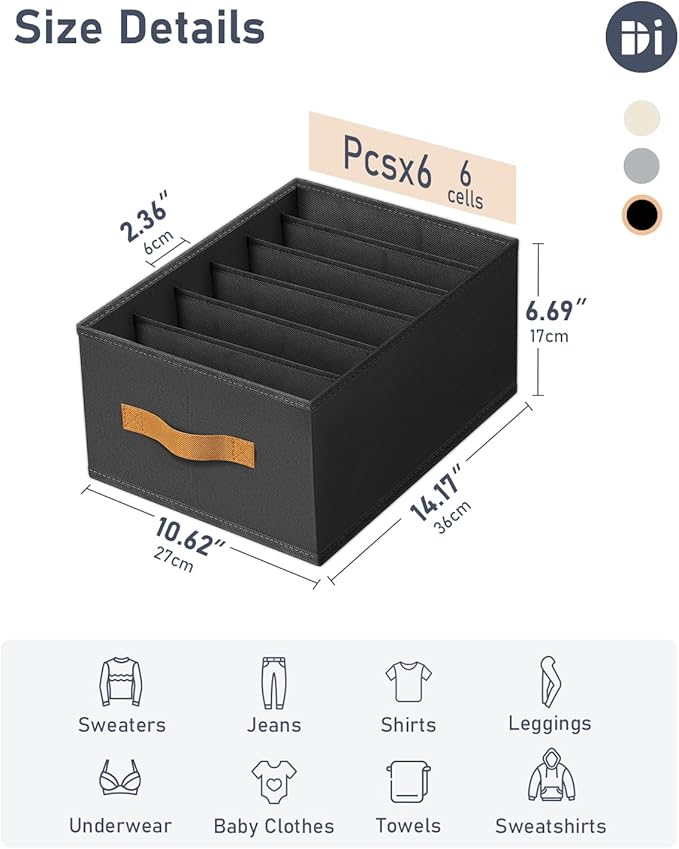 DIMJ Large Wardrobe Clothes Organizers - Foldable Closet Clothing Organizer for Jean Sweater Shirt Pants Underwear Bra, Divided Clothes Drawer, Grey Closet Shelf Organizer Boxes