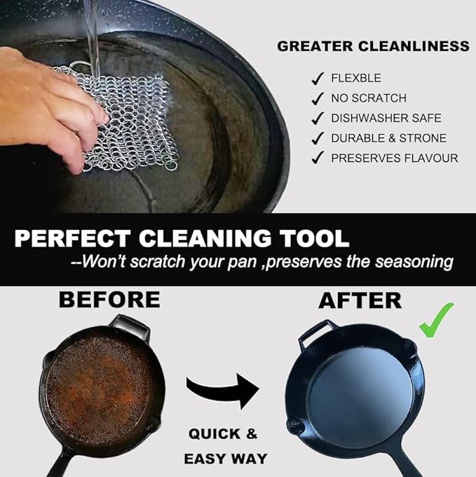 Cast Iron Cleaner - 6 Inch Stainless Steel Chain mail Scrubber for Cast Iron Pans Cleaner Chainmail Scrubber for Skillet, Wok, Pot, Dutch Ovens