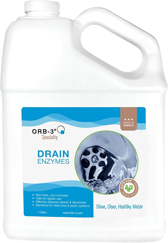 Orb-3 Drain Enzymes, Multi-Purpose Enzymatic Drain Cleaner & Deodorizer, 1-Gallon – Breaks Down Grease & Organic Build-Up for Drains, Pipes, Garbage Disposals & Septic Systems