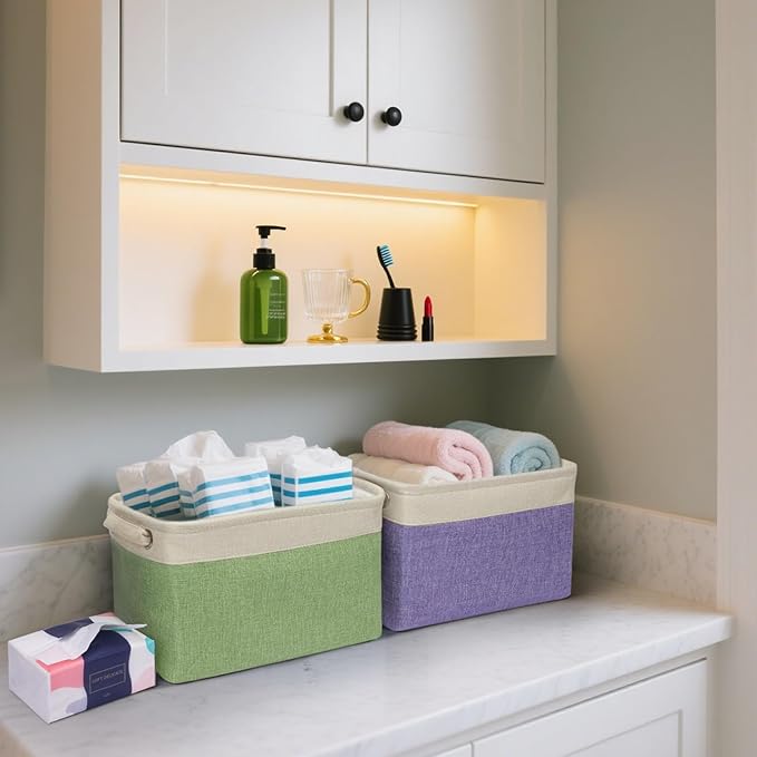 BALEINE 2 Pack Fabric Storage Bins for Shelves, Linen Storage Baskets for Organizing, Decorative Closet Bins for Clothes, Home (Grey, 12"x8"x8")