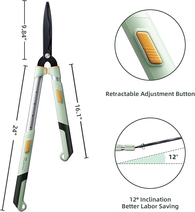 PrunePro Extendable Hedge Shears (27"-35") | Wavy Stainless Steel Blades | Teflon Coated for Smooth Cuts | Lightweight Adjustable Garden Clippers for High Hedges & Bushes