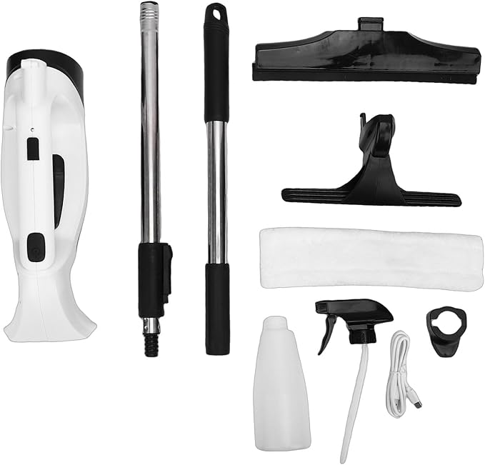 Window Vacuum Squeegee Cordless, Strong Suction Electric Window Cleaner with Water Collection, Window Cleaning Kit with Spray Bottle, Telescopic Pole for Glass Doors, High Window, Tile, Car