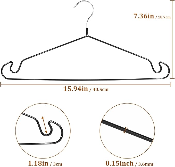 Clothes Hangers, 20Pack,Black Metal Hangers,15.7'W Space-Saving Shirt Hanger,Non-Slip Heavy Duty Hanger with Deep Shoulder Notches for Dress and Camisole