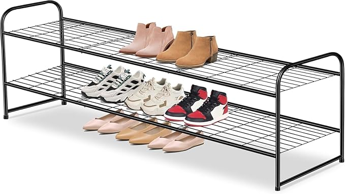 AOODA Long 2 Tier Shoe Rack for Closet Metal Wide Stackable Shoe Storage Organizer for Entryway, Bedroom, Floor, 18-Pairs Low Shoe Shelf, Black