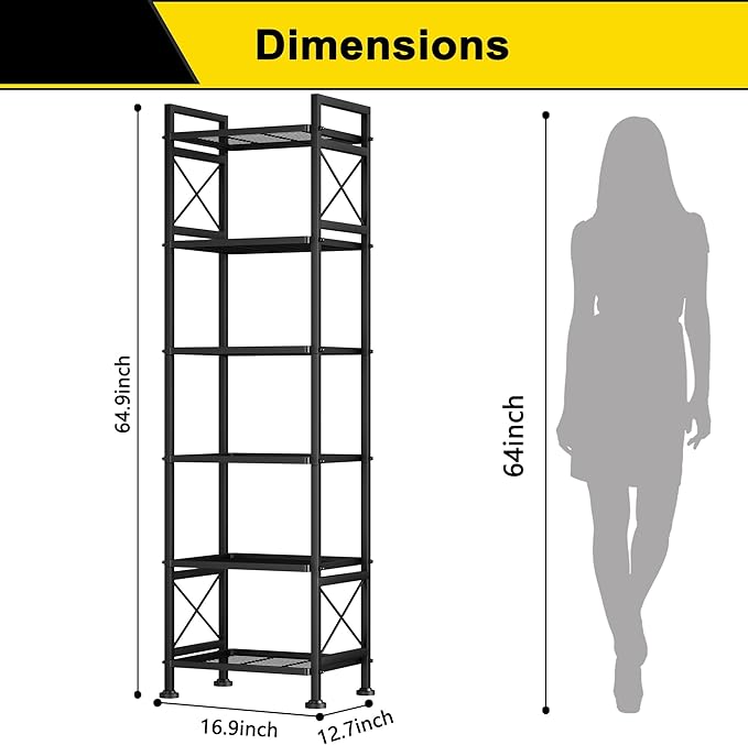 GIOTORENT Pantry Storage Shelves, 6-Tier Metal Storage Rack with X-Shaped Side Frame, Heavy-Duty Wire Shelf for Kitchen, Bathroom, Laundry Room, 120lb/Layer, Black Standing Shelves