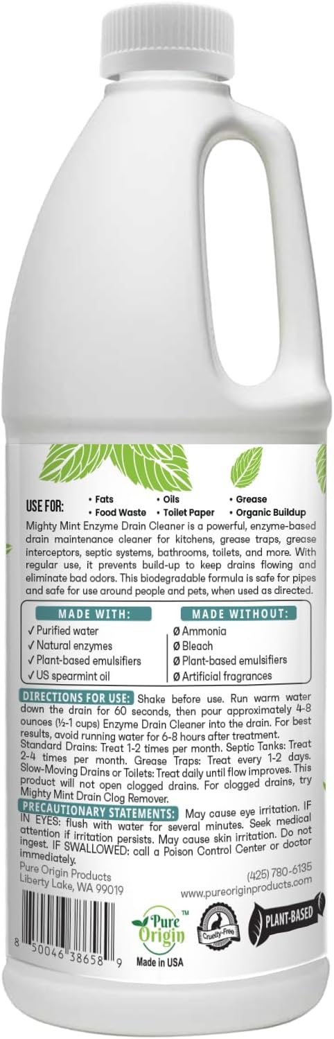 Mighty Mint Enzyme Drain Maintainer – Drain Cleaner & Deodorizer for Odor Control and Buildup Prevention – Safe for Pipes, Septic & Grease Traps - 32 oz.