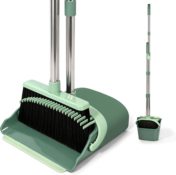 YZO Broom and Dustpan Set, 54.33 Inch Long Handle Standing Design, Dustpan Front Rubber Tight Seal, Broom with 5 Layer Bristles, Suitable for Living Room, Bedroom, Yard, Office and Apartment(Green)