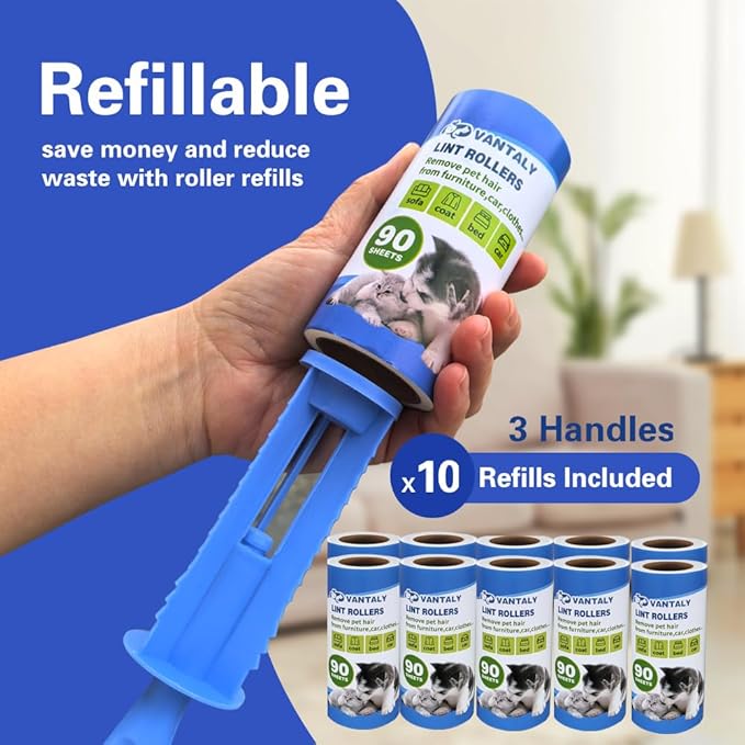 Extra Sticky Lint Roller Mega Value Set 900 Sheets for Pet Hair Removal and Clothes, Dog and Cat Lint Remover, 10 Pack