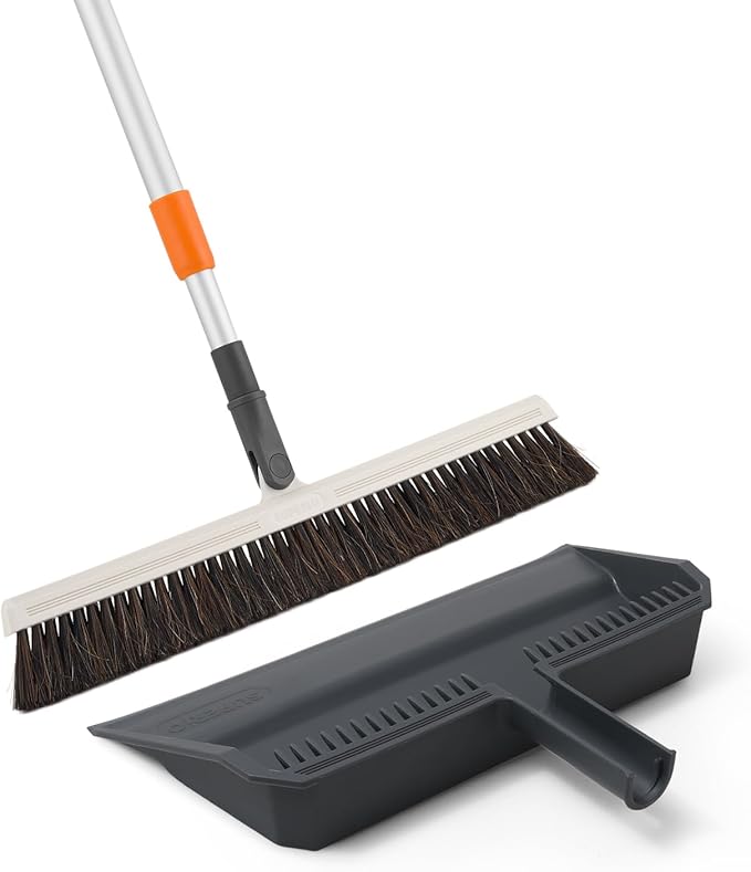 Superio 18" Horse Hair Upright Broom with Telescopic Handle & 16" Gray Dustpan with Comb, Rubber Lip & Clip – Narrow Thin Dust Broom for Dog Hair – Hardwood & Tile Floor Cleaning Set – Gray
