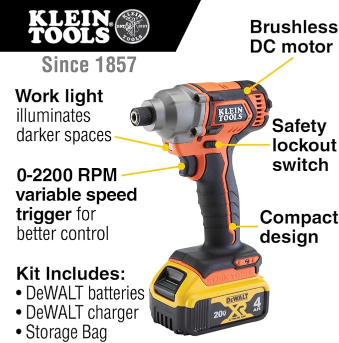 Klein Tools BAT20CD1 1/4-Inch 20V Battery-Operated Impact Driver Kit, Compact Design for Excellent Control in Tight Spaces