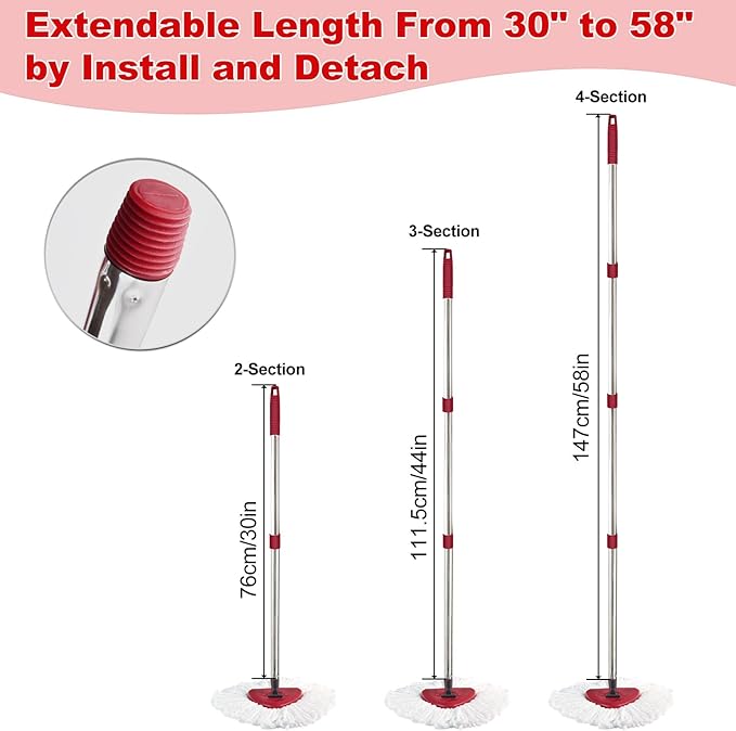 Mop Handle for Ocedar, Mop Handle for O Cedar, Spin Mop Replacement Handle for O Cedar, 4 Section 30" to 58" Mops Handles for Cedar Spin Mops & H2pro Flat Mop