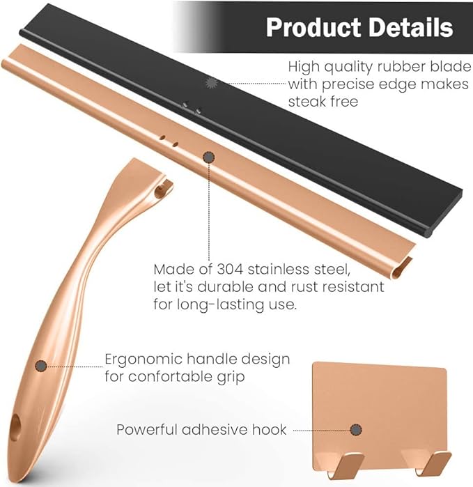 OPERNEE Shower Squeegee with Self Adhesive Hook, 14 Inches Stainless Steel Squeegee Cleaner, All-Purpose Window Scraper for Bathroom Doors, Mirror, Windows and Car Glass, Rose Gold