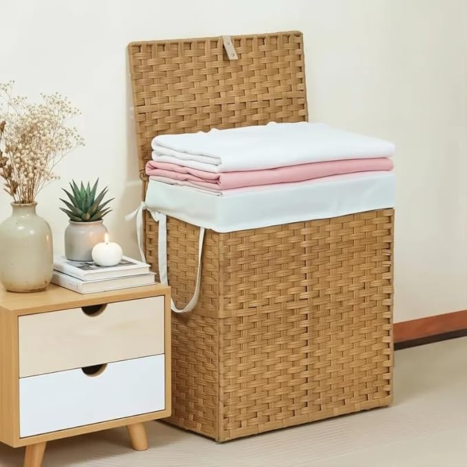 Laundry Hamper with Lid, 110L Foldable Laundry Basket with Removable Liner Bags, Handwoven Synthetic Rattan Clothes Hamper for Bathroom, Bedroom, Laundry Room, Yellow