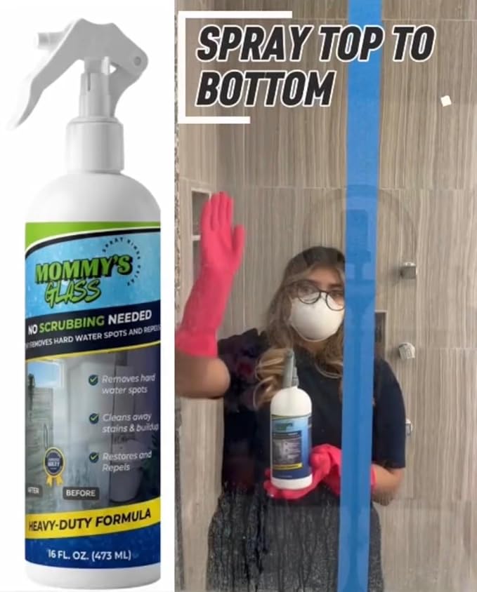 Mommy's Glass 2 in 1 Hard Water Spot Remover and Repellent Spray, Heavy-Duty Formula, No Scrubbing Needed, 16 fl oz
