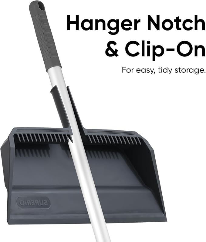 Superio 18" Horse Hair Upright Broom with Telescopic Handle & 16" Gray Dustpan with Comb, Rubber Lip & Clip – Narrow Thin Dust Broom for Dog Hair – Hardwood & Tile Floor Cleaning Set – Gray