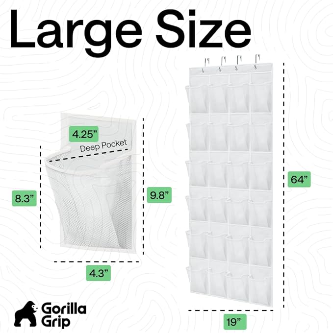 GORILLA GRIP Over the Door Shoe Organizer, 24 Large Breathable Mesh Pockets, Space Saving Hanging Storage Holder, Closet Rack Hanger Holds Up to 40 lbs, Hangs on Closets for Shoes, Accessories, White