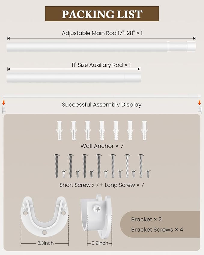 Closet Rod 17-39 IN, Heavy Duty Closet Rods for Hanging Clothes, Adjustable Closet Rods for Wardrobes Storage Laundry RV Bathroom, Easy Install, White