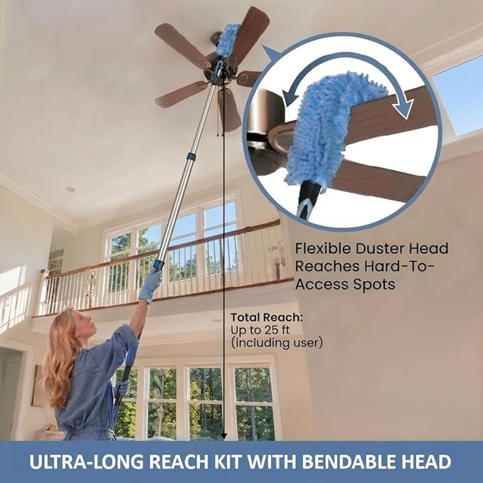 25ft High Ceiling Duster Kits with 5-18ft Heavy Duty Extension Pole - Fan Blade Cleaner, Cobweb Remover & Blue Window Squeegee Kit, Washable Dust Brush for High Roof and Glass Surfaces