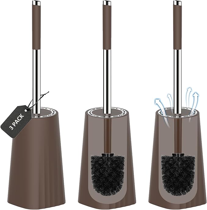 SetSail Toilet Brush, Compact Size Toilet Bowl Brush and Holder Toilet Brushes for Bathroom with Stainless Steel Handle Toilet Cleaner Brush with Durable Scrubbing Bristles, 3 Packs,Brown