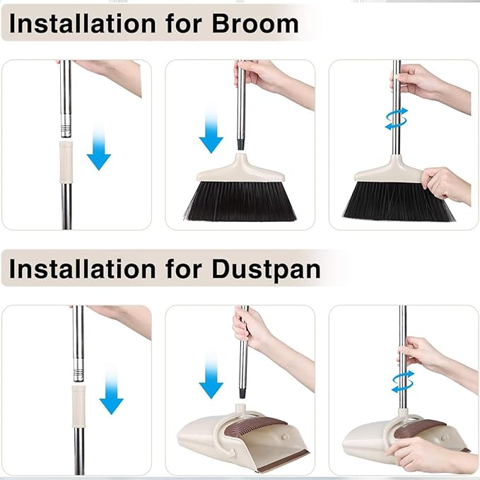 Broom and Dustpan Set, Long Handle Stand Up Broom and Dust Pan Combo, Self-Cleaning with Dustpan Teeth, Indoor&Outdoor Sweeping, Ideal for Dog Cat Pets Home Use (Beige & Brown)