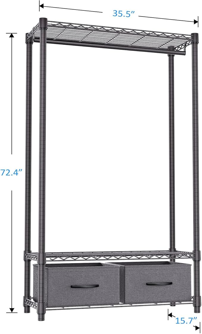 IZEUK Heavy Duty Rolling Garment Rack Wire Clothes Rack for Hanging Clothes (Dark Grey, 3 Tier with 2 box, 15.7" D x 35.5" W x 72.4" H)