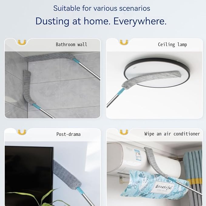 Retractable Gap Duster with 60" Extension Pole, Flexible Microfiber Brush for Under Appliances, Furniture & Tight Spaces, Washable Flat Duster for Fridge Stove Couch Crevices (4 Replacement Fabric)