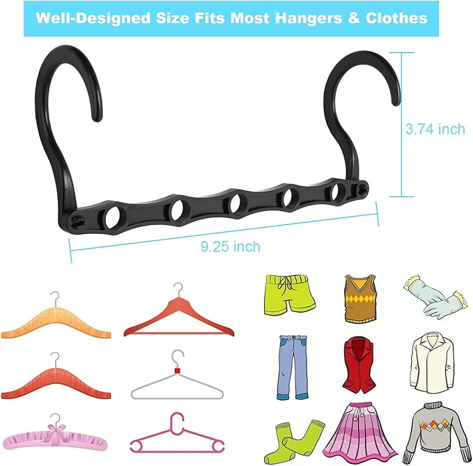 DUCOO Space Saving Hangers 10 Pack, Heavy Duty Magic Cascading Hanger Organizer with 5 Enclosed Anti-Slip Holes, Closet Organizers and Storage for Clothes, College Dorm Room Essentials, Black