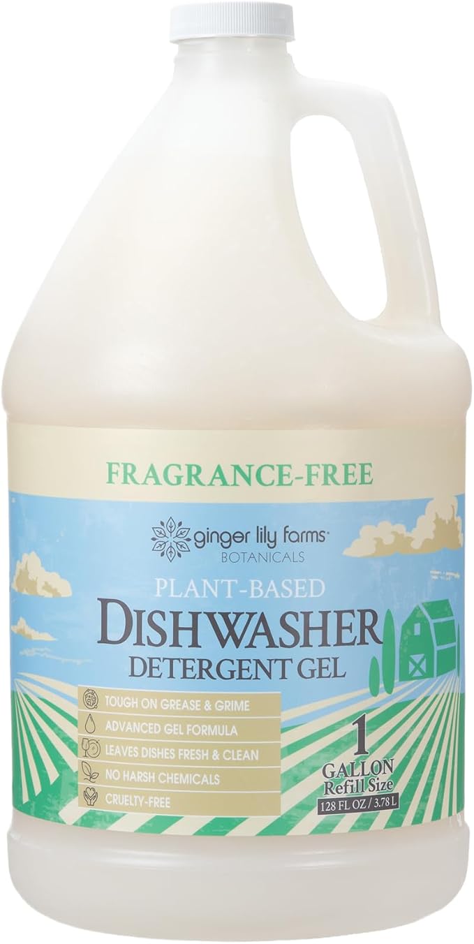 Ginger Lily Farms Botanicals Plant-Based Dishwasher Detergent Gel, 100% Vegan & Cruelty-Free, Fragrance-Free, 1 Gallon Refill (Pack of 4)
