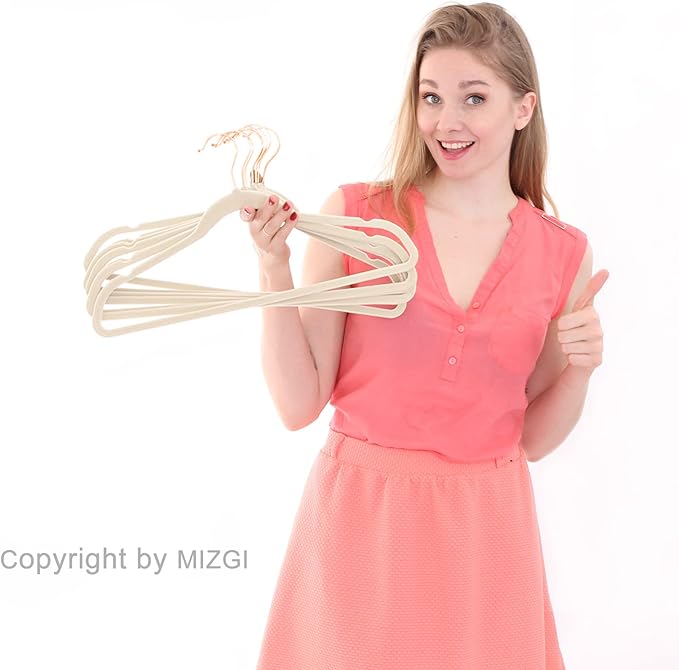 MIZGI Premium Velvet Hangers (50 Pack) Heavy Duty - Non Slip Felt Hangers - Velvet Suit Hanger Ivory - Rose Gold Hooks,Space Saving Clothes Hanger