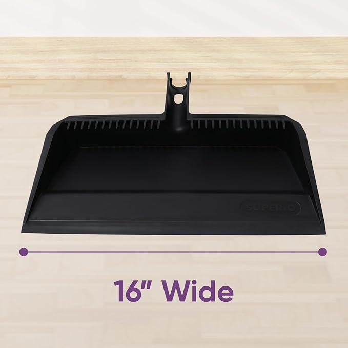 Superio 2-Pack Wide Plastic Dustpan with Comb - 16" Wide, Rubber Lip, Broom Handle Clip, Black