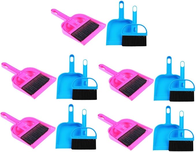 Mini Dustpan and Brush Set for Small Pets Cage Cleaning, 10pcs Bright Pink and Blue, Handheld Mini Broom and Dustpan for Hamsters, Chinchillas, Hedgehogs, and Reptile Habitat