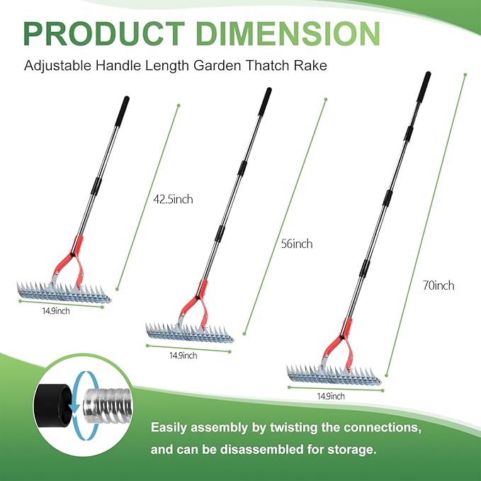 Thatch Rake, 15-Inch Wide dethatcher rake for Cleaning Dead Grass, Adjustable Dead Grass rake for Yard Lawn,thatch rakes for lawns with Stainless Steel Handle, Yard dethatcher rakes, 70-Inch Length.