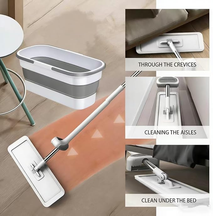 Bucket with Wringer Set, 6 Piece Microfiber Flat Mop Cleaning System with Long Handle, Hands Free Floor Cleaner for Hardwood, Tile & Wall (1 Mop + 6 Microfiber Pads + 1 Bucket)