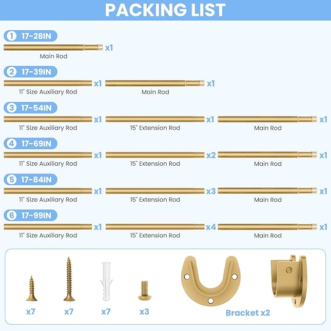 Closet Rods for Hanging Clothes, 17 to 39 Inch Heavy Duty Stepless Adjustable Closet Hanging Rod, 1.3 Inch Diameter Metal Closet Rod for Wardrobes Laundry Bedroom RV, Gold